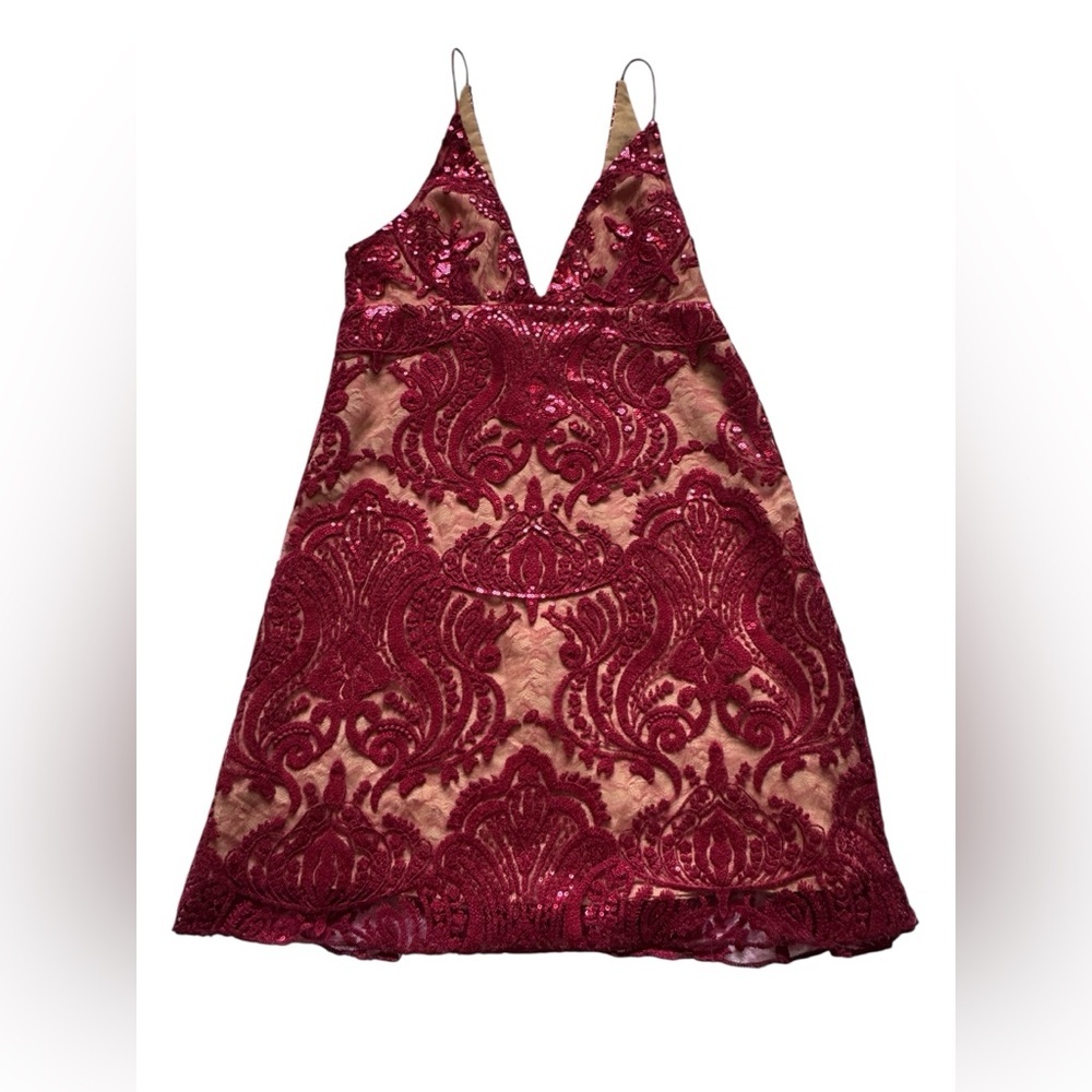Free People Night Shimmer Mini Raspberry Red V Neck Sequined Dress Size 2 - Picture 10 of 13